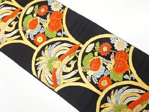 アンティーク　青海波に尾長鳥・桐・菊模様織り出し袋帯（着用可）